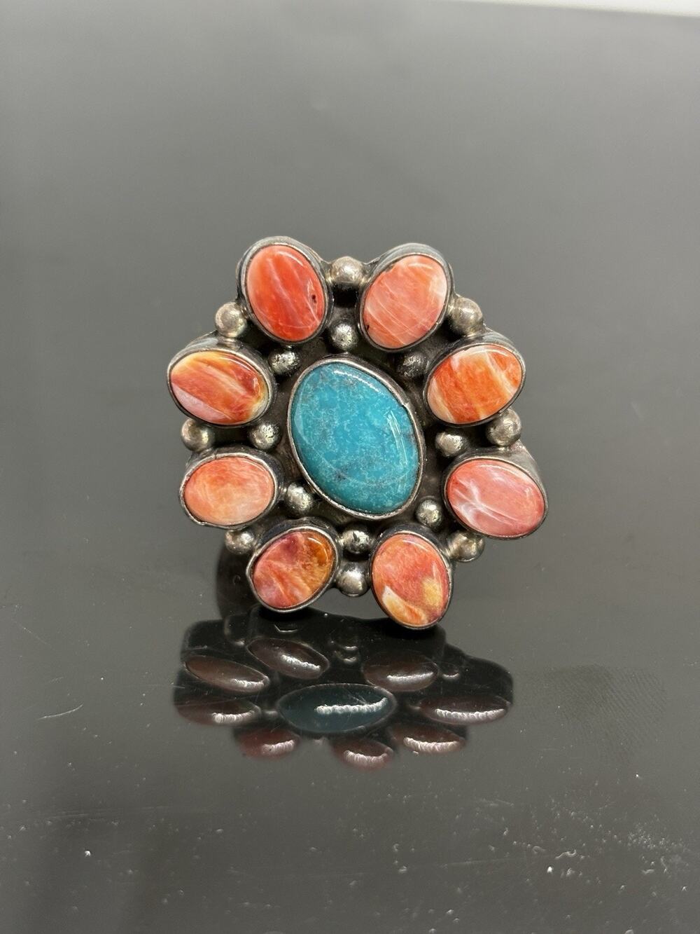 Native American Navajo Turquoise M Guerro Red Oyster Cluster Silver Ring Size 11